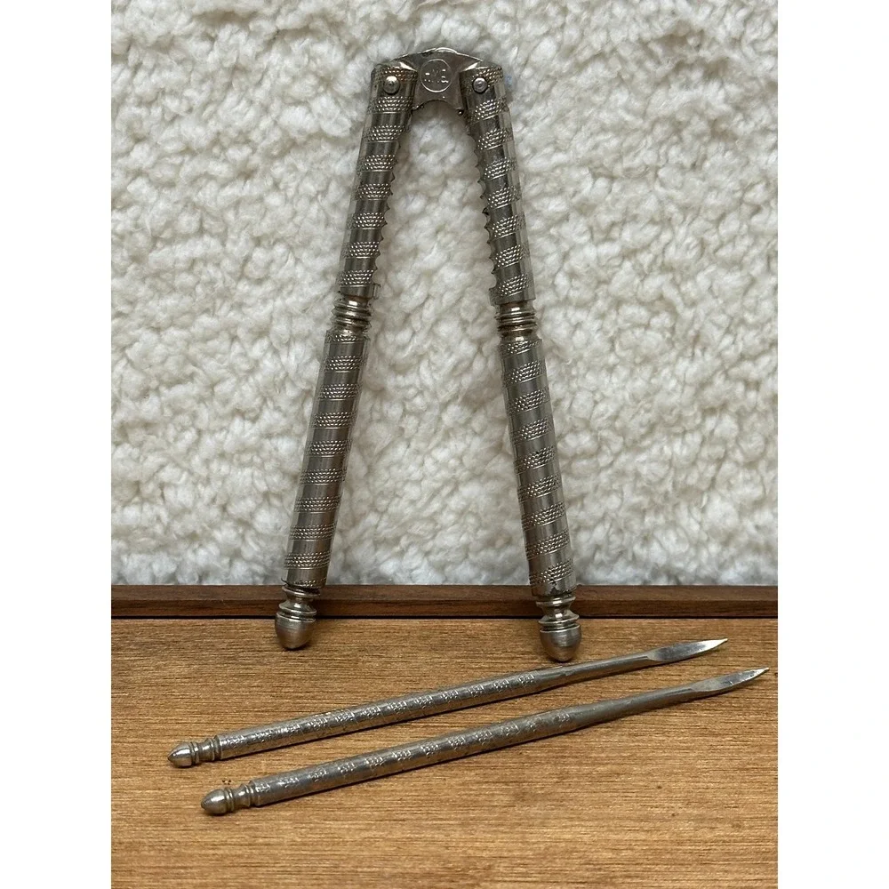 H.M.Q. Nutcracker Set Silver Textured Metal 3 Piece Vintage Kitchen Tools